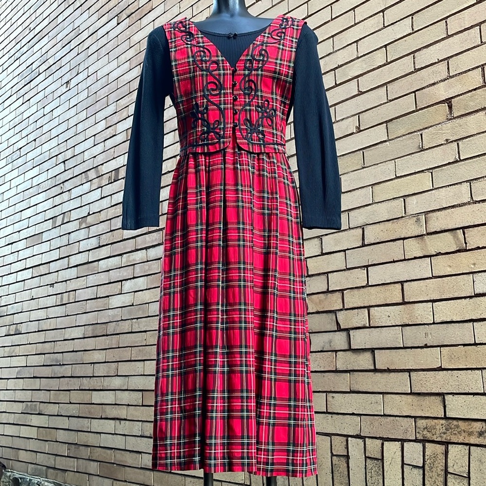 Vintage 90’s Just In Thyme Ltd. Black & Red Plaid Faux Two Piece Dress Size 12
